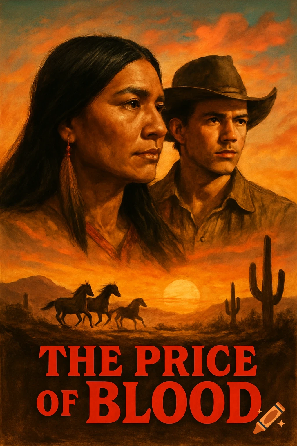 A vintage western movie poster depicts a Native American woman and a cowboy against a sunset desert landscape with horses and cacti, titled 'The Price of Blood'.