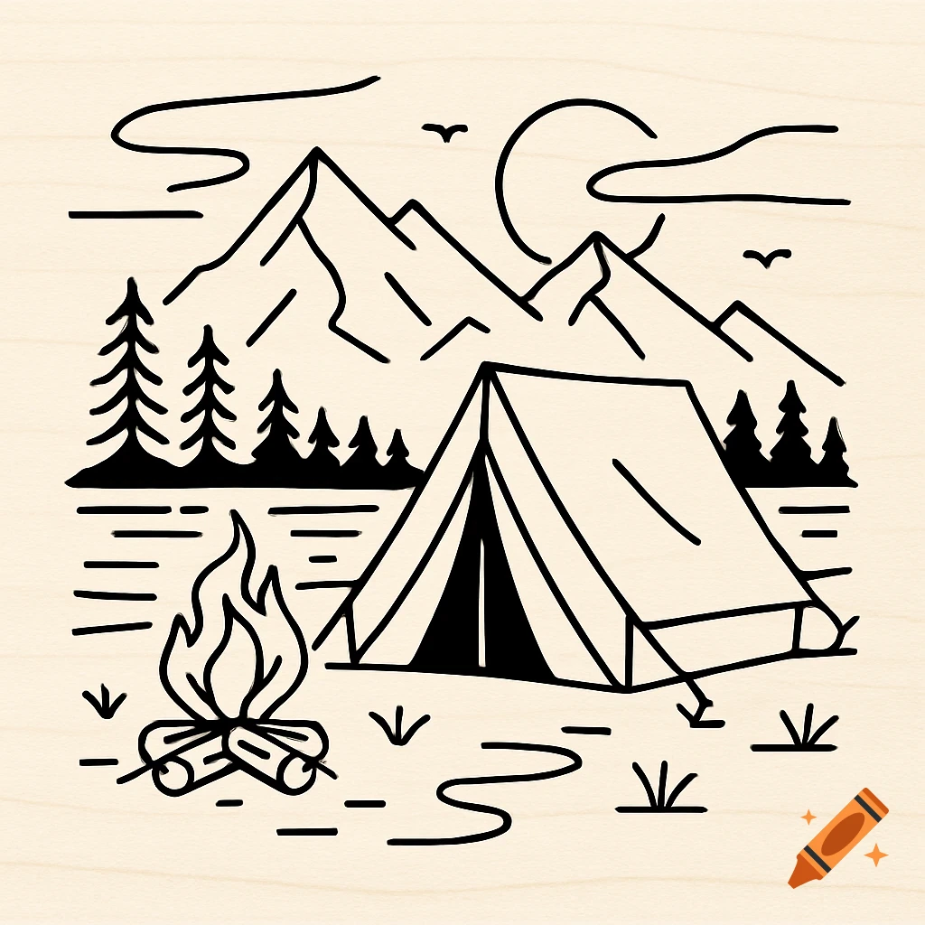 Line art illustration of a camping scene with a tent, campfire, trees, mountains, and sun, on a wood background.