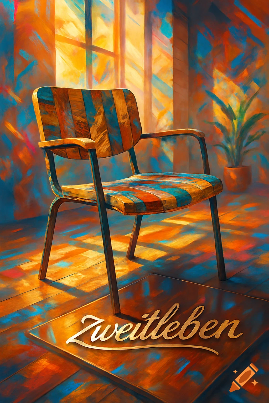 A vibrant, painterly chair with blue and orange stripes sits by a window. The word 'Zweitleben' is on the floor.