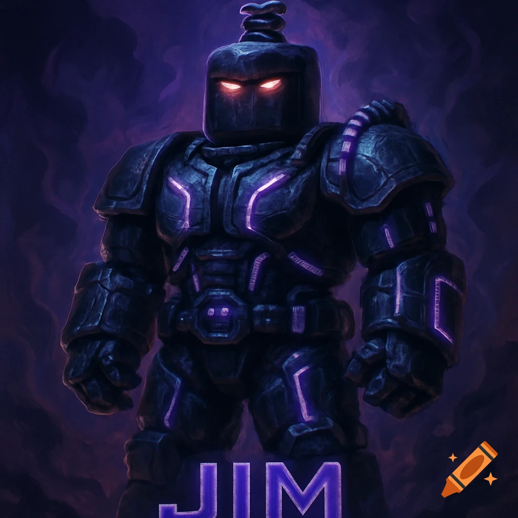 A blocky, heavily armored figure with glowing red eyes and purple lights stands against a shadowy purple background, with the word "JIM" below.