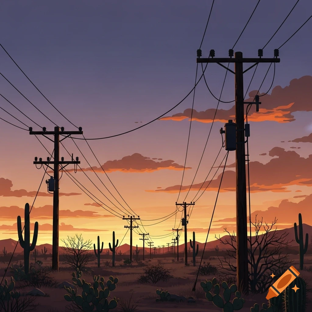 Stylized illustration of power lines stretching across a desert landscape with saguaro cacti under a colorful sunset sky.
