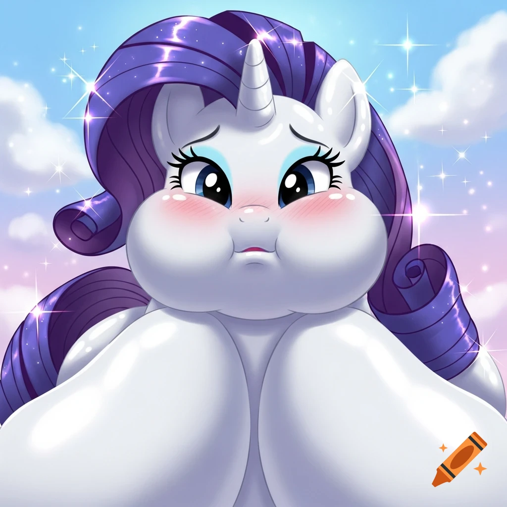 Cartoon Rarity from My Little Pony, inflated into a giant balloon, with blushing cheeks and a shy expression, against a cloudy sky.