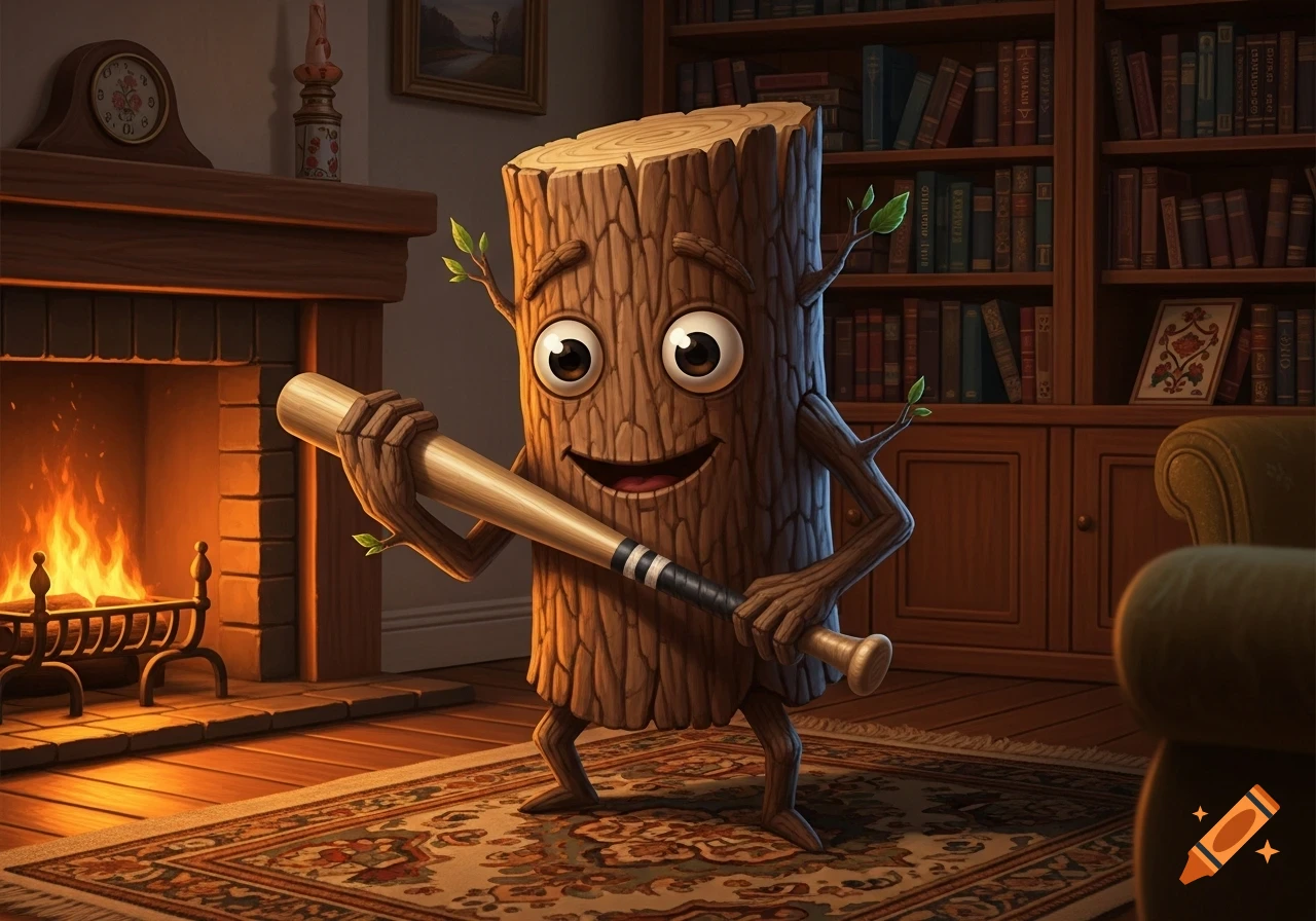 A smiling, cartoonish log character with branches for arms and legs holds a baseball bat in a cozy living room with a fireplace and bookshelf.