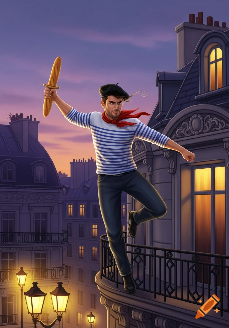 Illustrated French man in beret and striped shirt, wielding a baguette sword on a Parisian balcony at twilight.