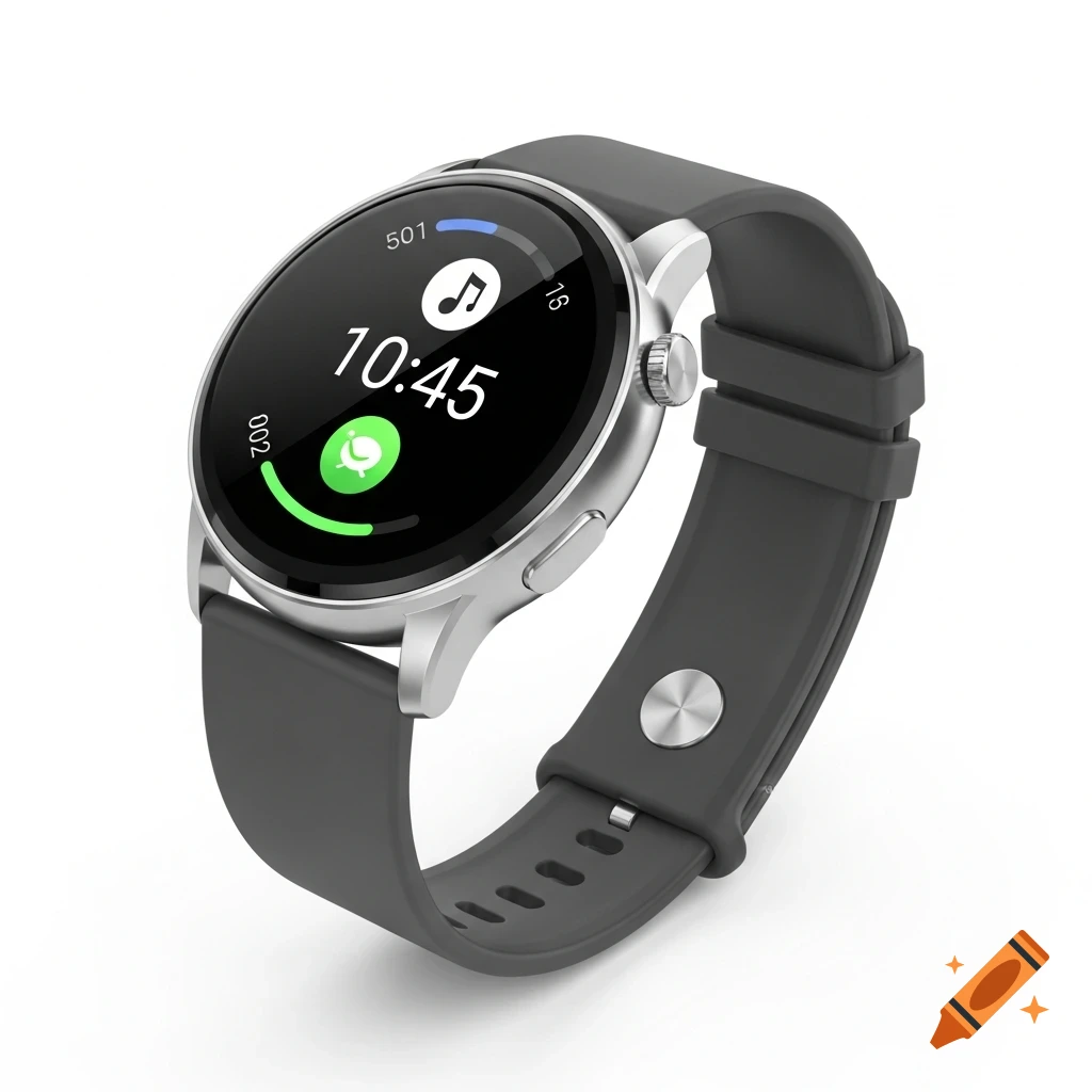 A silver smartwatch with a dark gray band displays 10:45, a music note, and a microphone icon, on a white background.