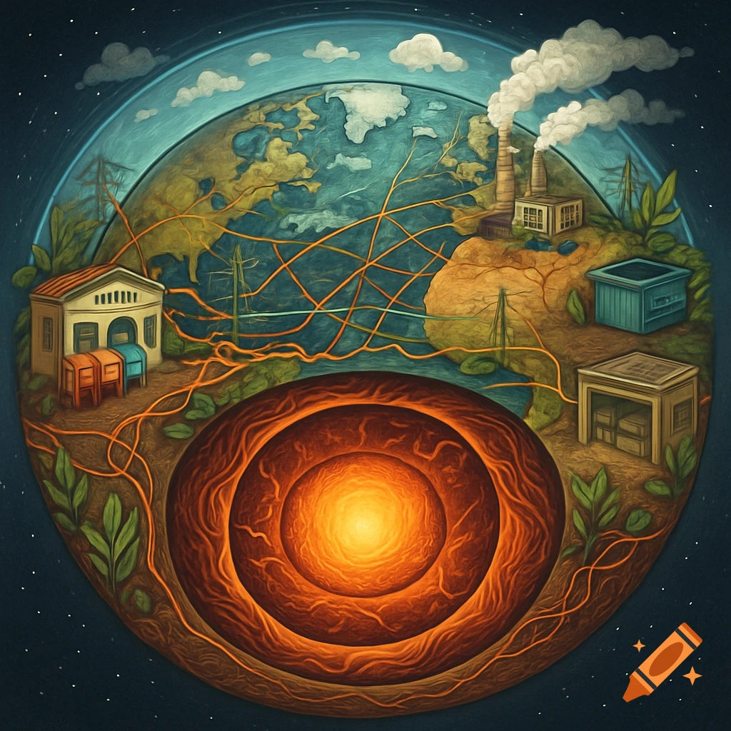 A stylized cross-section drawing of Earth showing the core, mantle, atmosphere, a power plant, buildings, and a network of lines connecting them.