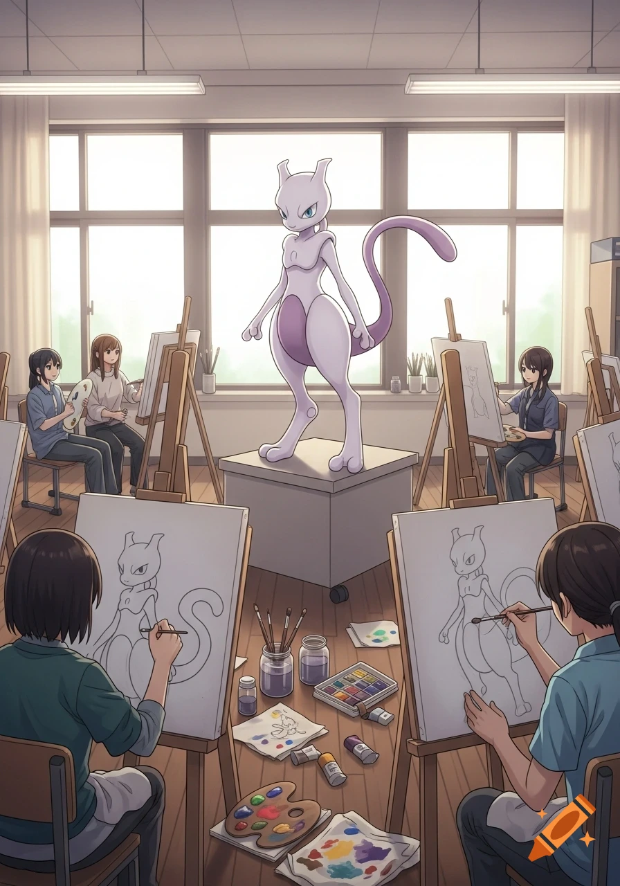 Anime students in a classroom sketch Mewtwo posing as an art model.