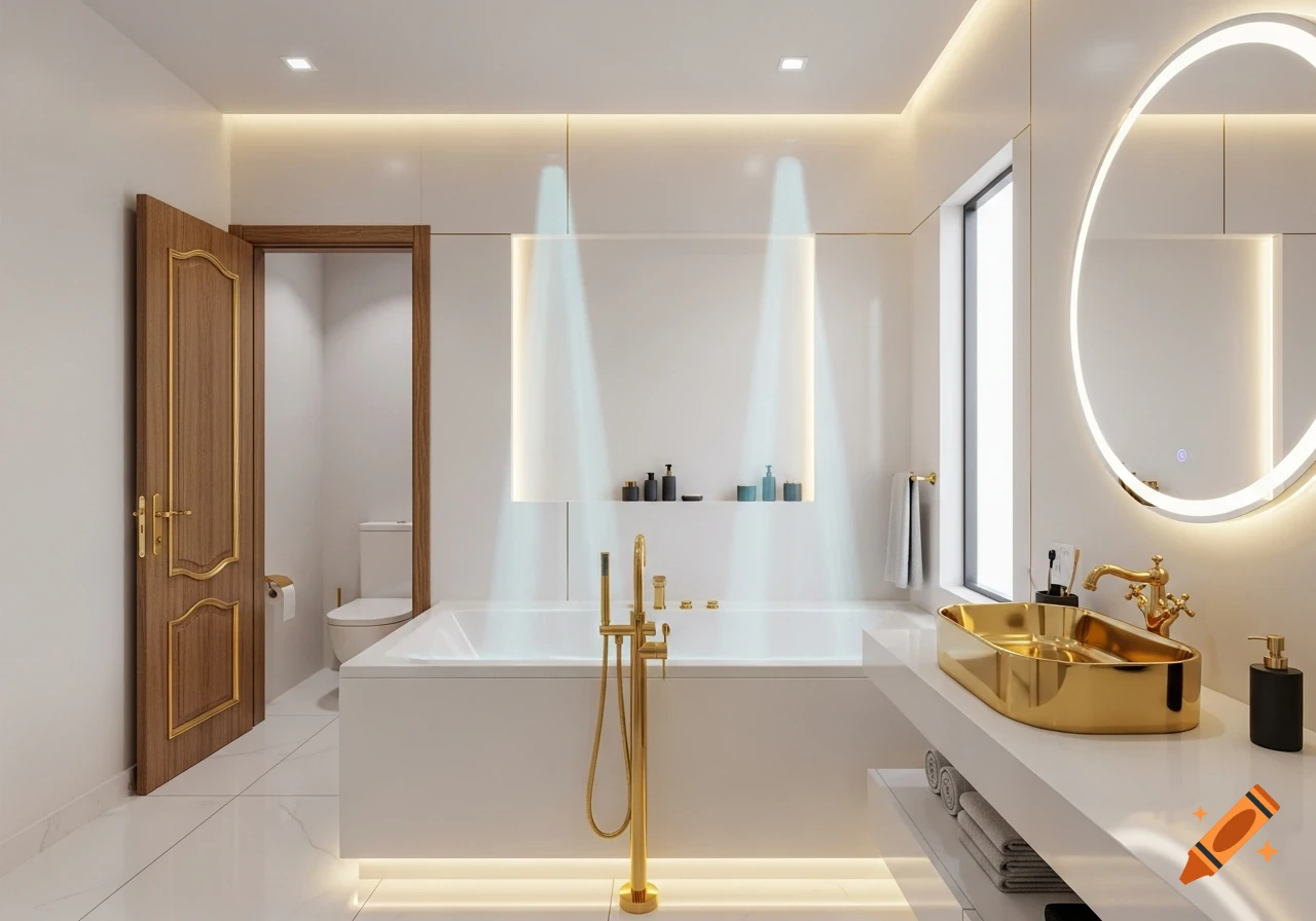 A luxurious modern white and gold bathroom featuring a freestanding bathtub, a gold vessel sink, a lighted round mirror, and a wooden door.