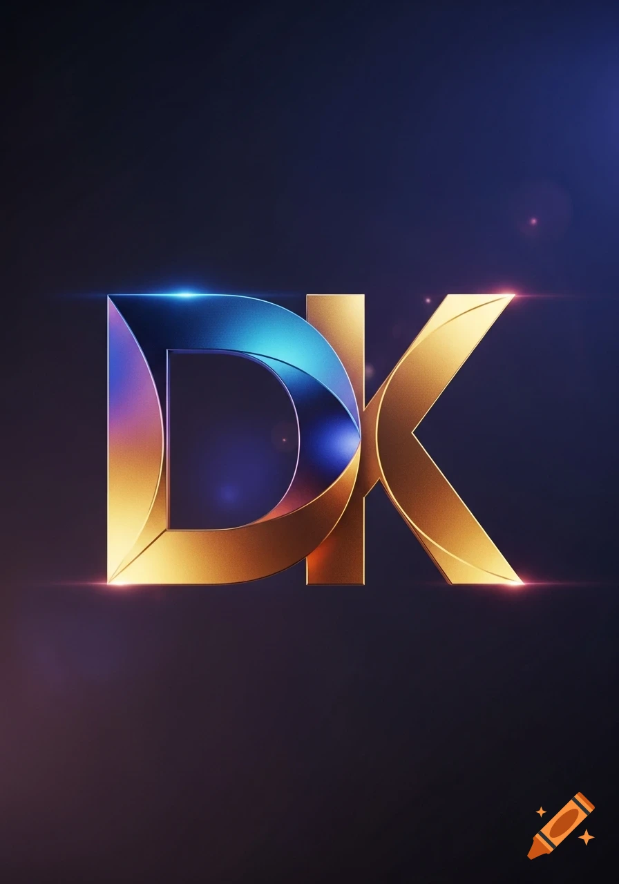 Stylized 3D letters 'DK' with metallic gold and blue gradients, glowing with lens flares against a dark background.