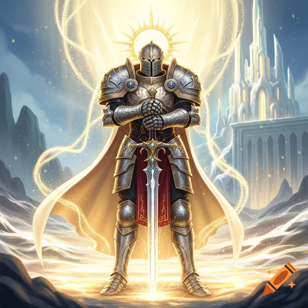 A holy exalted knight in shining armor with a sword, surrounded by golden light and wisps, stands before a glowing fantasy castle.