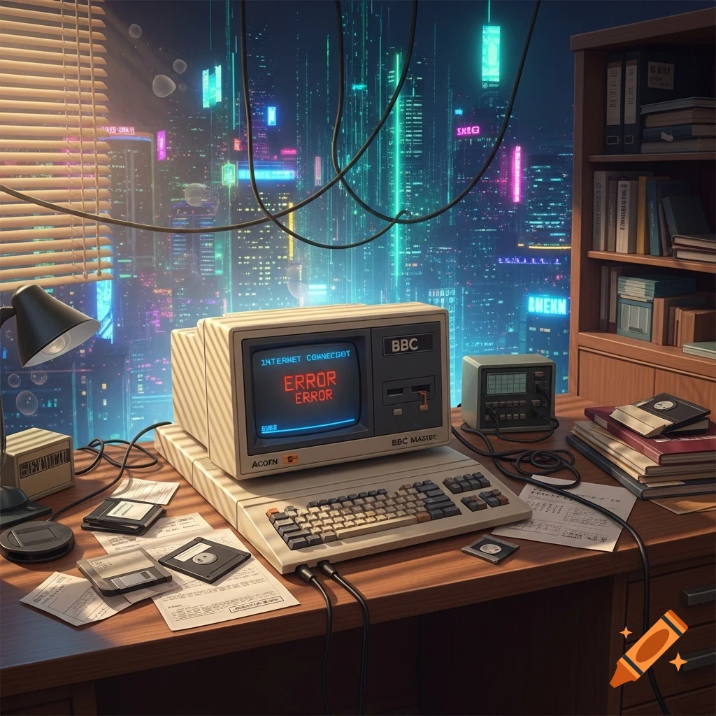 A retro Acorn BBC Master computer displaying an 'ERROR' message, set on a wooden desk overlooking a neon-lit cyberpunk city at night.
