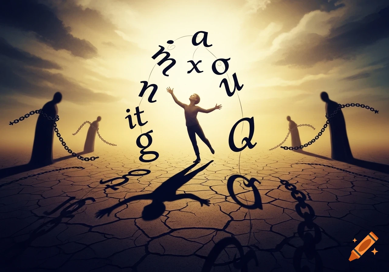 A central figure with outstretched arms surrounded by floating letters, on a cracked desert ground, with shadowy chained figures in the background under a dramatic sky.