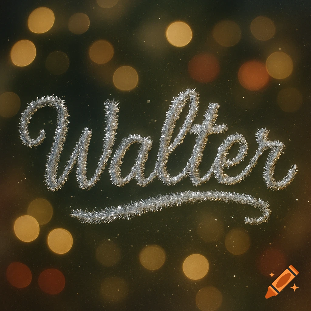 The name Walter written in silver tinsel garland against a dark, blurry background with warm bokeh lights.