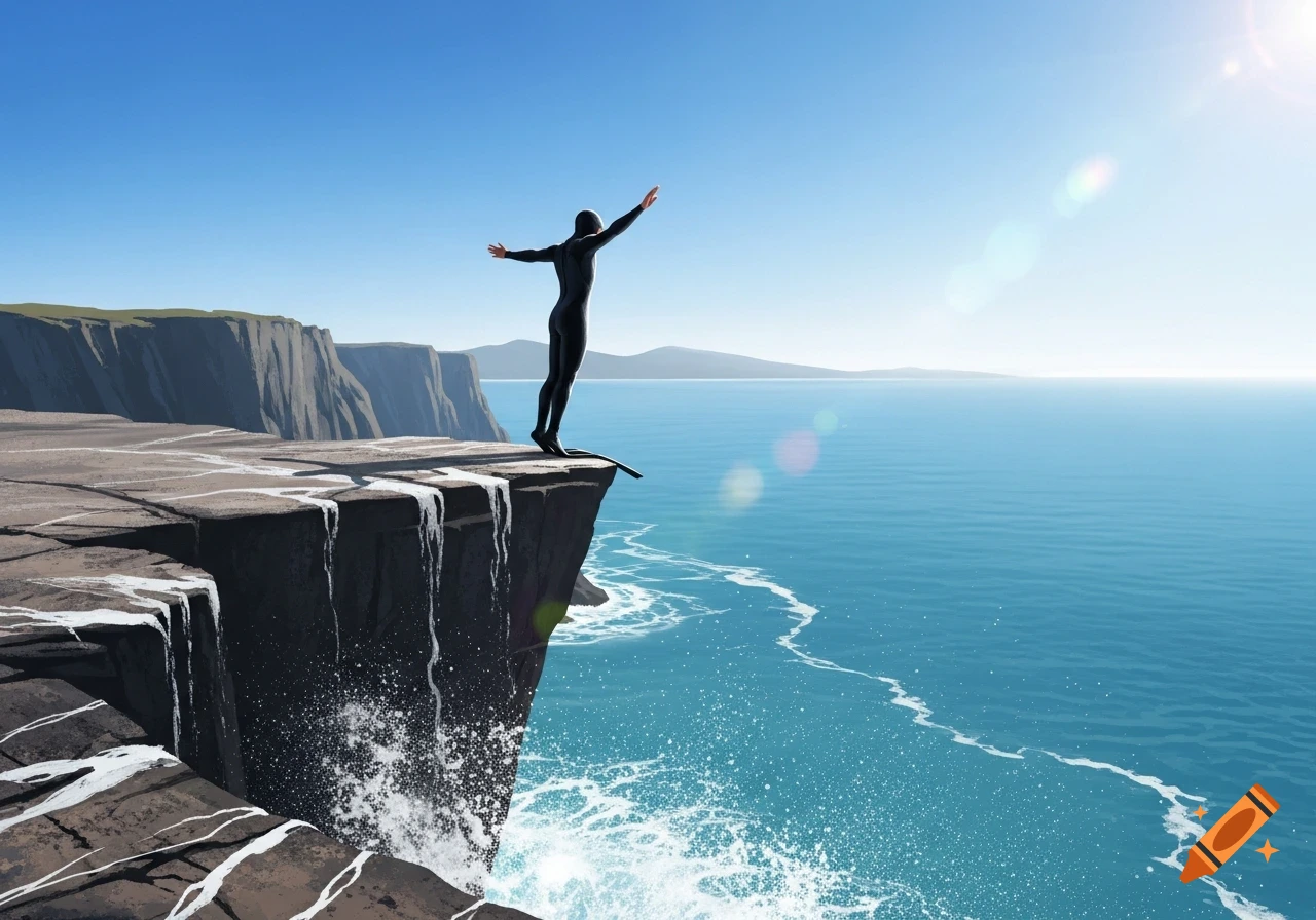 A person in a black wetsuit stands on the edge of a high cliff, arms outstretched, overlooking a vast blue ocean under a clear sky.