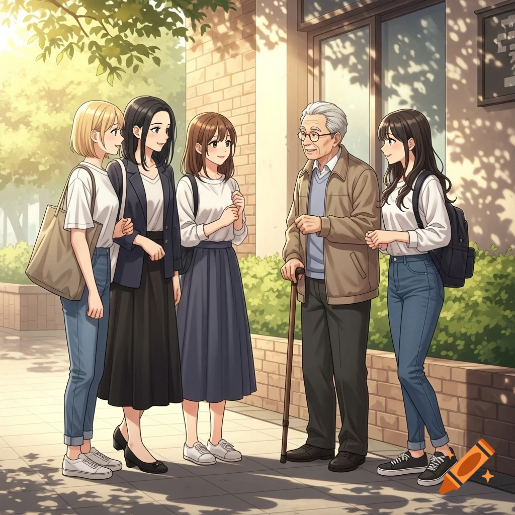 Four young anime-style women chat with an older man holding a cane on a sunny sidewalk.