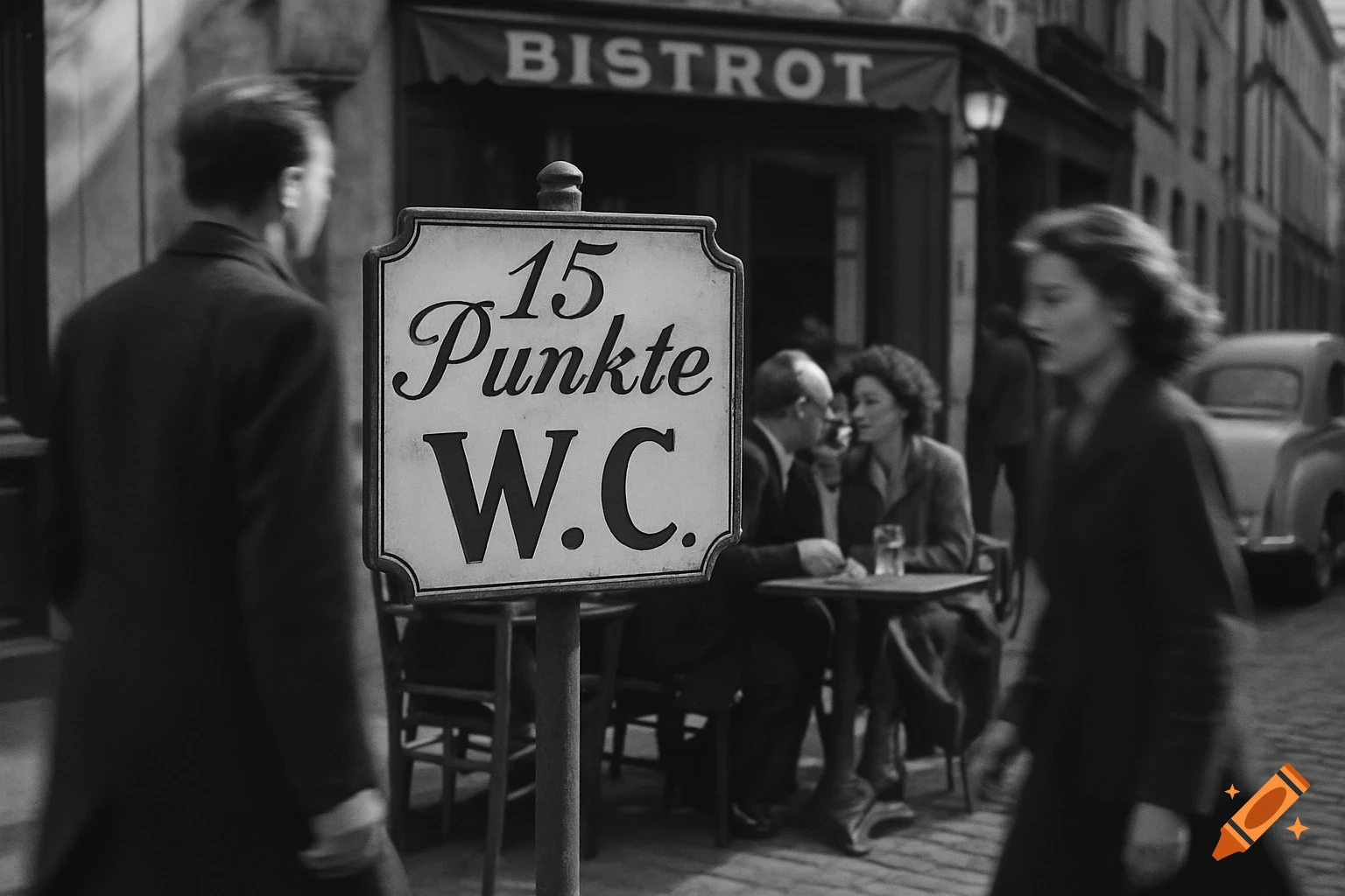 Black and white street photograph of a sign saying "15 Punkte W.C." in the foreground, with blurred people and a bistro in the background.