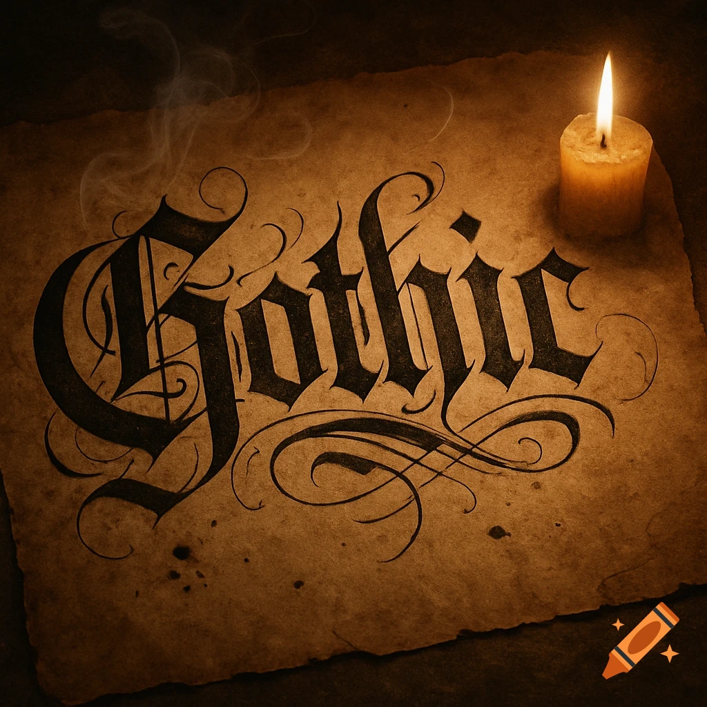 Stylized black text reading "Gothic" on aged paper, illuminated by a flickering candle.