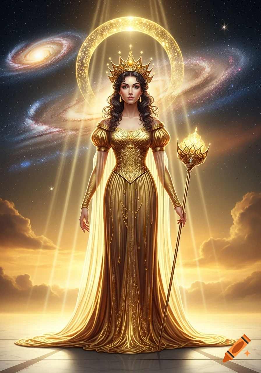 A regal queen in a golden gown and crown stands against a cosmic background with galaxies and glowing light rays, holding a golden scepter.