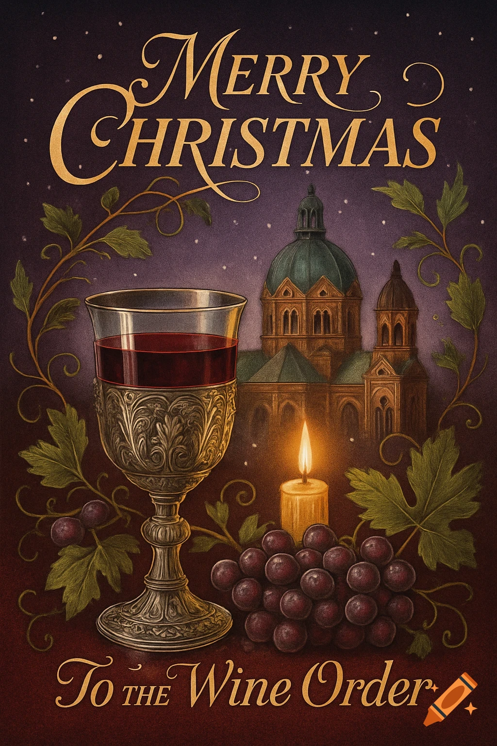 A vintage Christmas card illustration with a chalice of red wine, grapes, a lit candle, and a church against a starry night sky. Text reads 'Merry Christmas' and 'To THE Wine Order'.