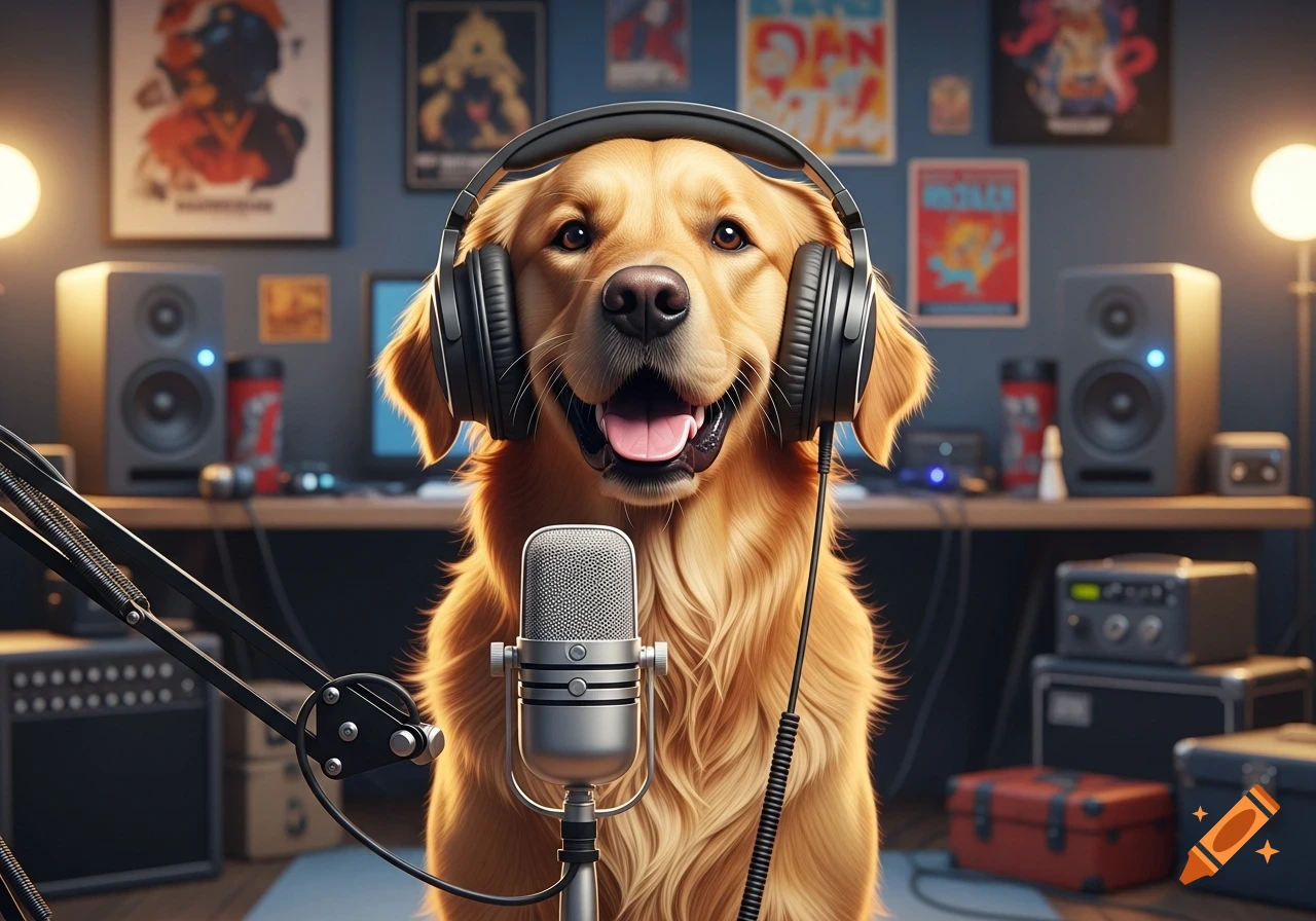 A cheerful golden retriever wearing headphones sits in front of a podcast microphone in a colorful studio, photorealistic style.