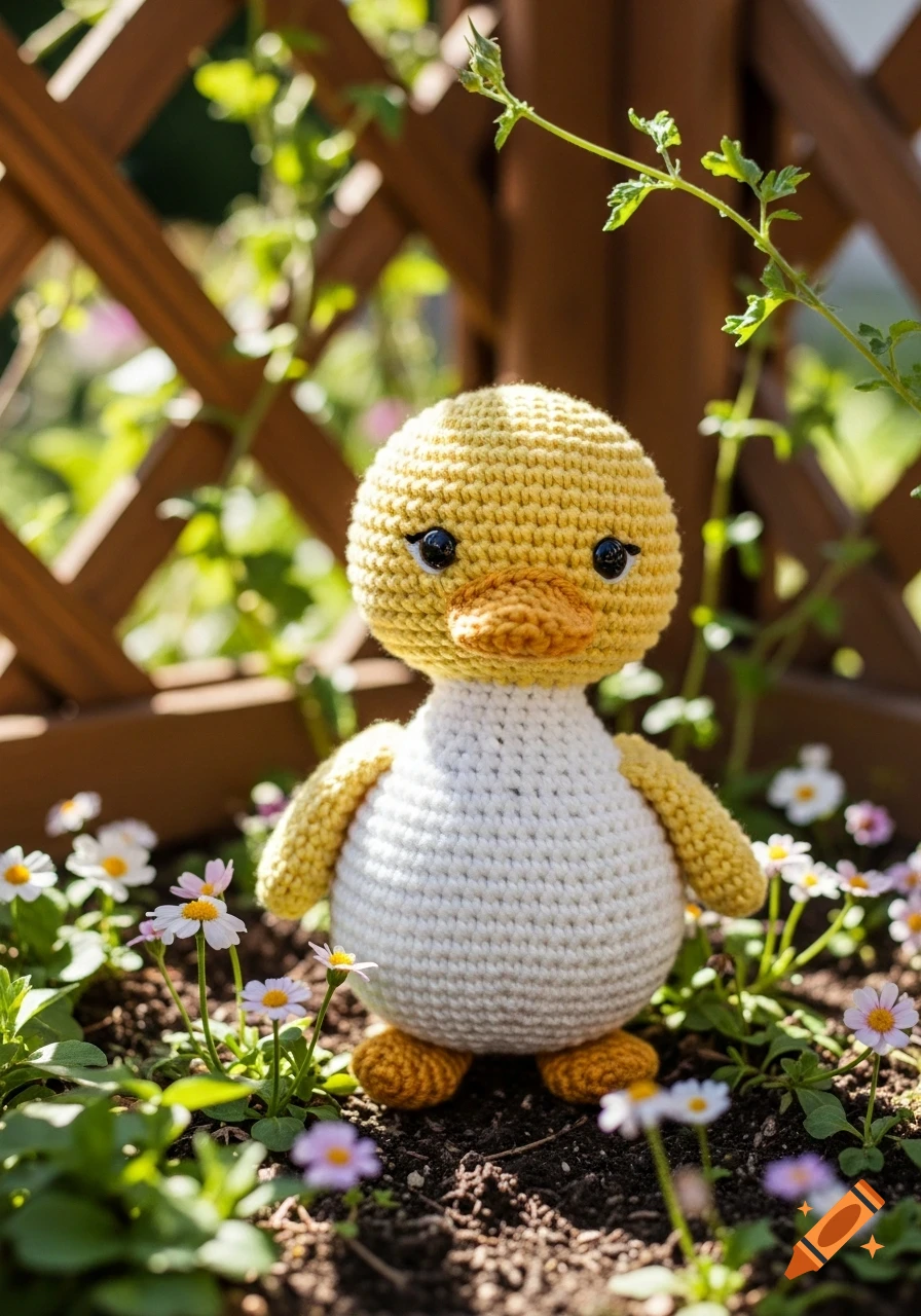 A yellow and white crochet duckling stands in a garden among small white and pink flowers with a wooden lattice fence in the background.