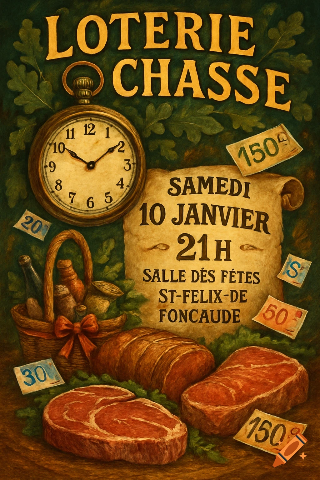 Vintage poster for a 'Loterie Chasse' with a pocket watch, event scroll, food basket, raw meat cuts, and prize tickets.