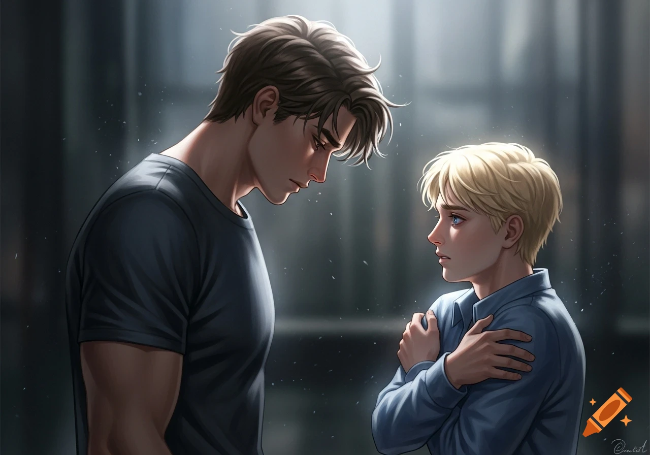 Digital art of a tall, dark-haired man looking down at an anxious blond boy clutching himself, set in a soft, sad mood.