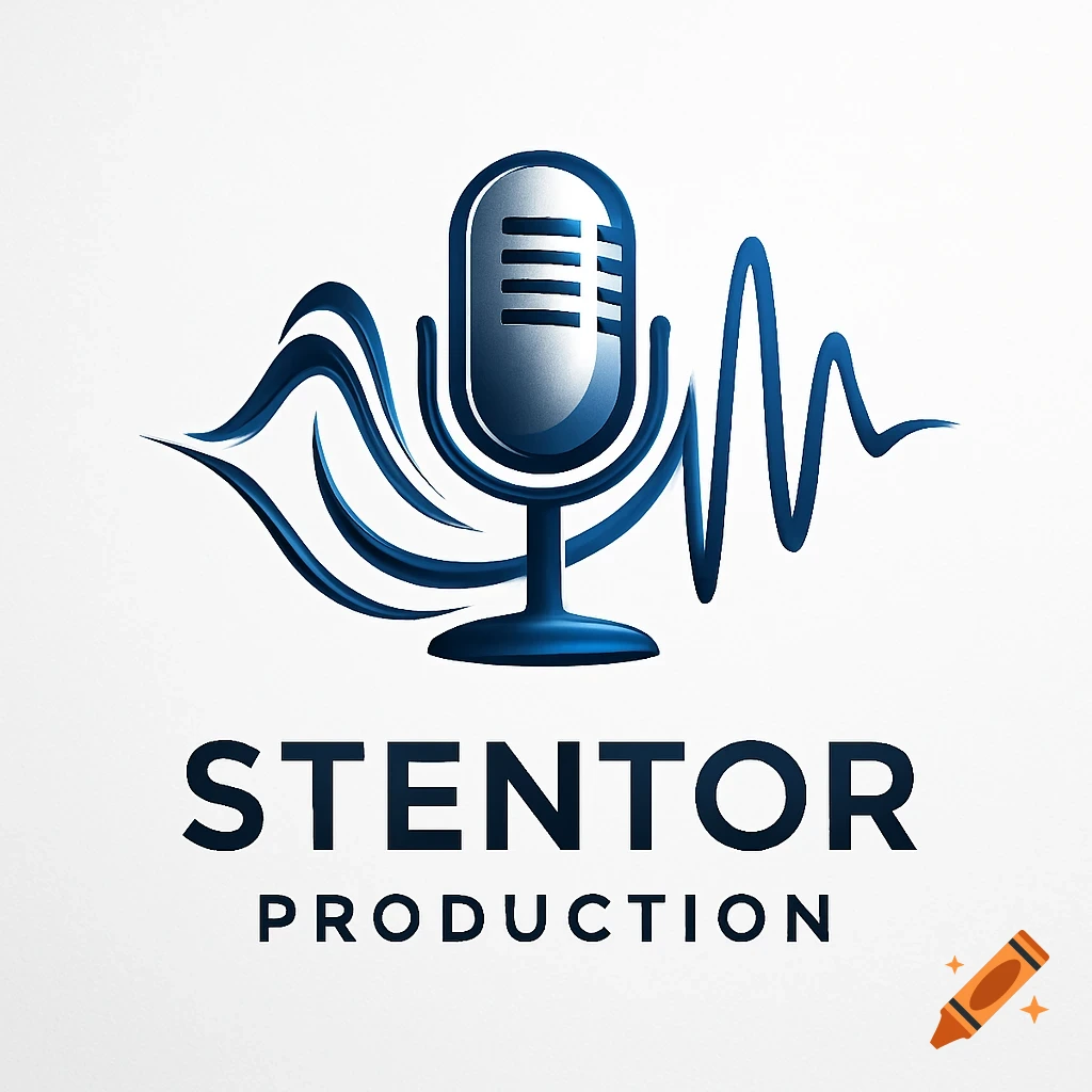 Blue and silver microphone logo with sound waves above 'STENTOR PRODUCTION' text on a white background.