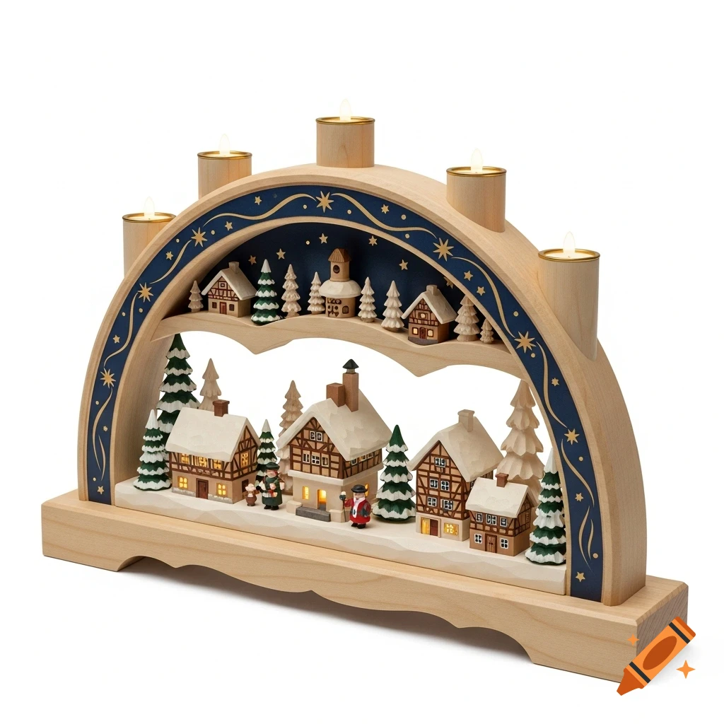 A wooden Schwibbogen Christmas decoration depicting a snow-covered village scene with houses, fir trees, and lit candles.