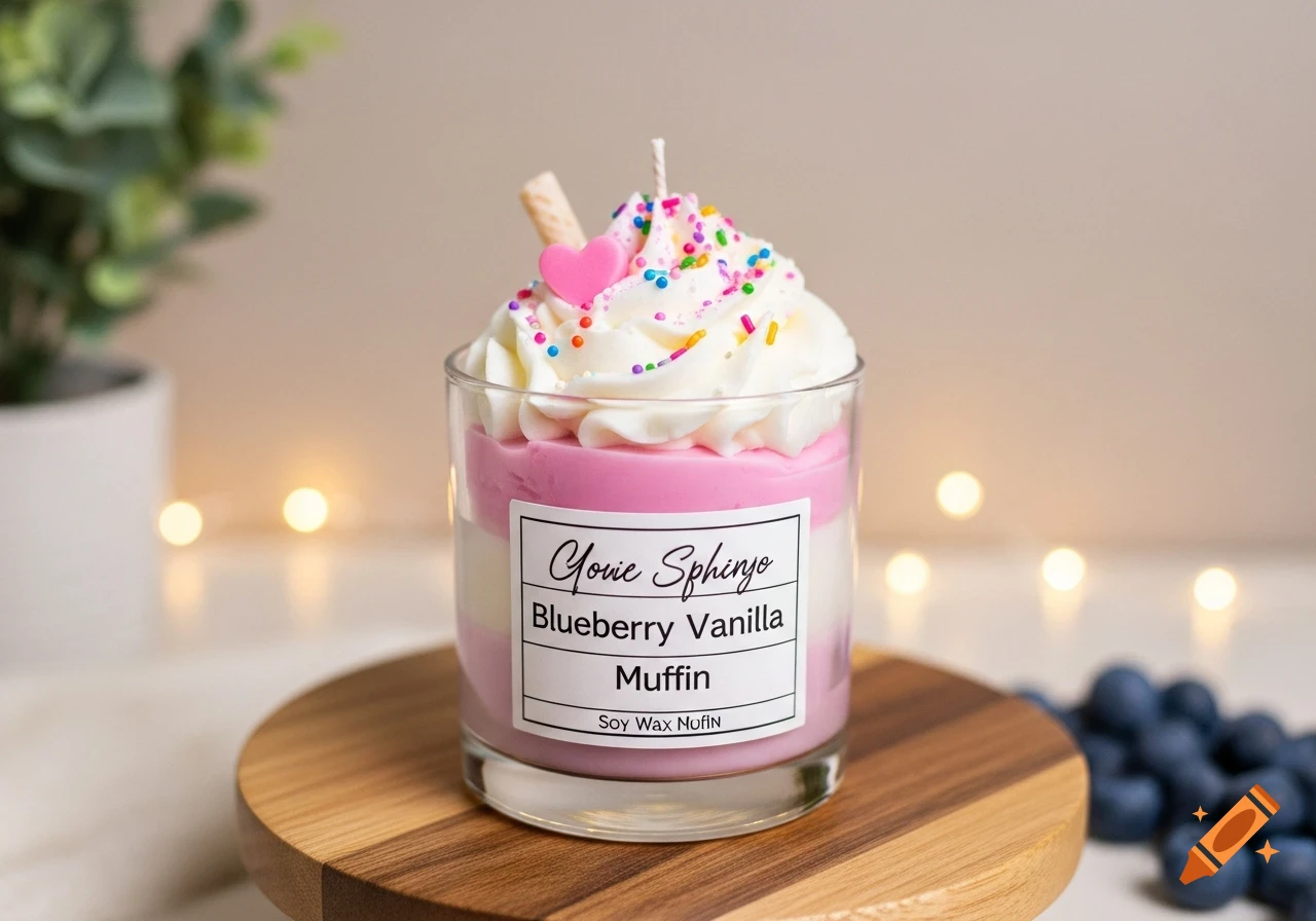 Photorealistic dessert-style soy wax candle in a clear glass jar, with pink and white layers, topped with white frosting, sprinkles, and a pink heart. It sits on a wooden pedestal with blueberries in the background.