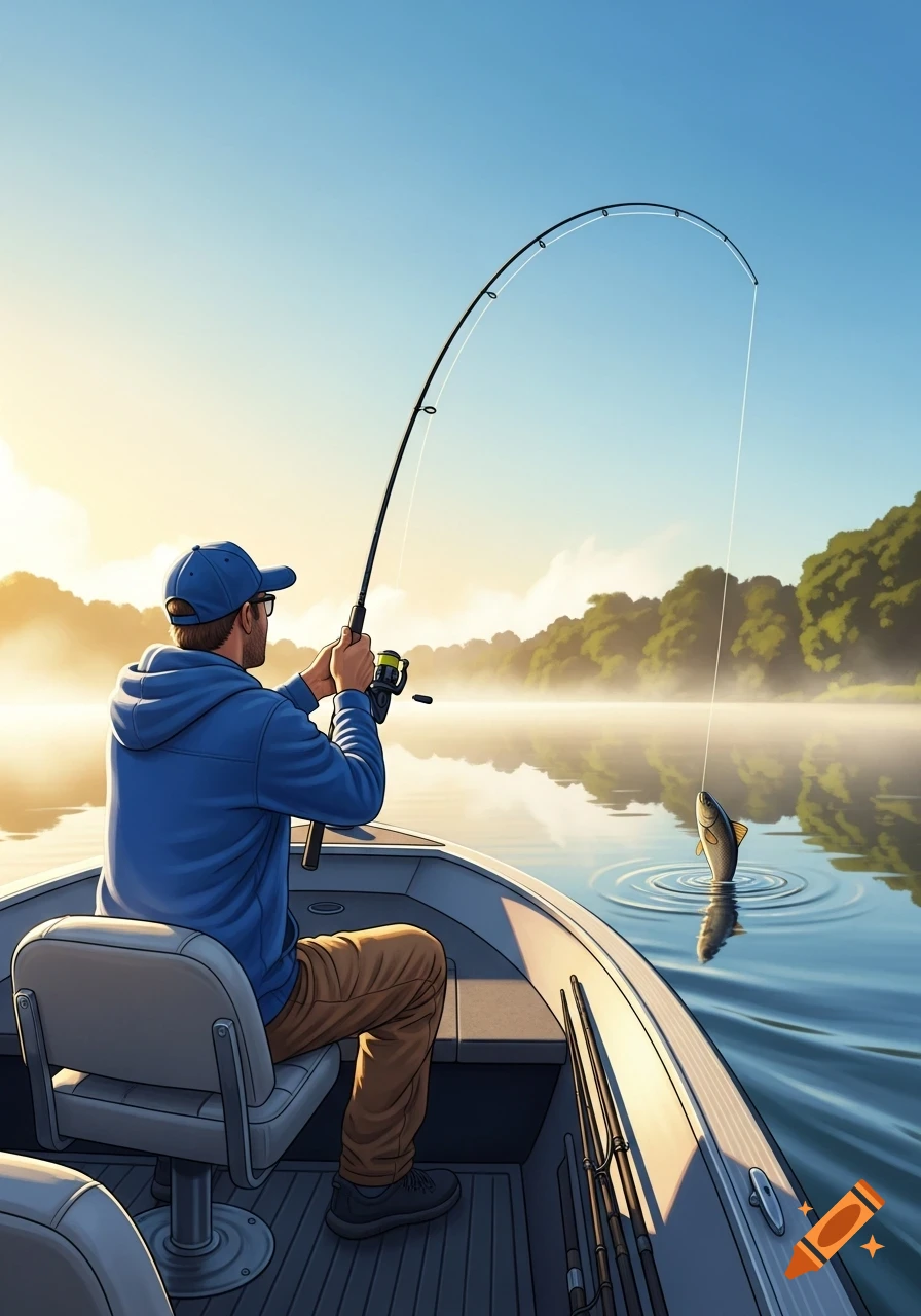 An illustration of a man fishing from a boat on a misty lake, reeling in a fish during sunrise.