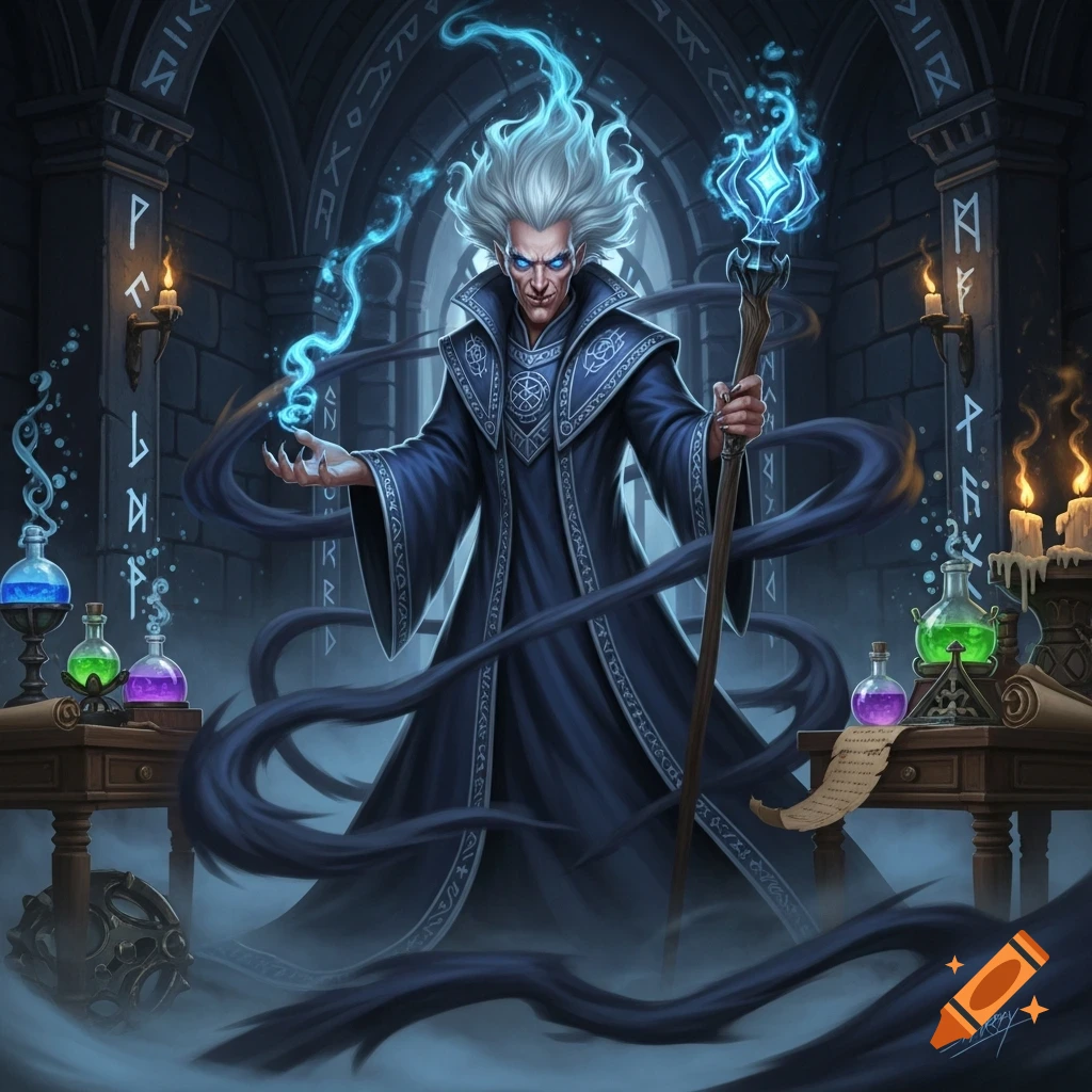 An evil wizard with white spiky hair and glowing blue eyes stands in a dark, runic chamber, conjuring blue energy while holding a staff. Potions and scrolls are on tables.