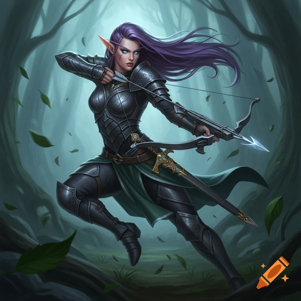 A dynamic female elf warrior with purple hair and dark armor, aiming a crossbow in a mystical forest.