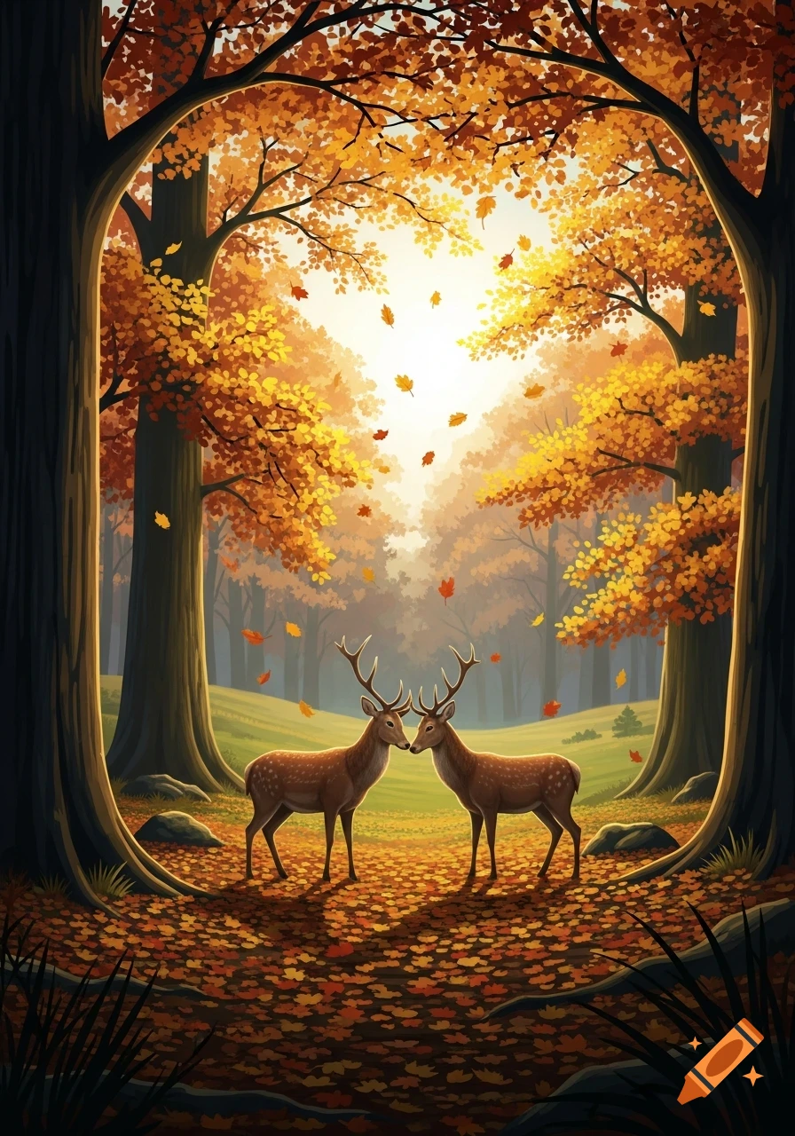 Two deer stand nose-to-nose in a vibrant autumn forest with falling yellow and orange leaves, depicted in a stylized illustration.
