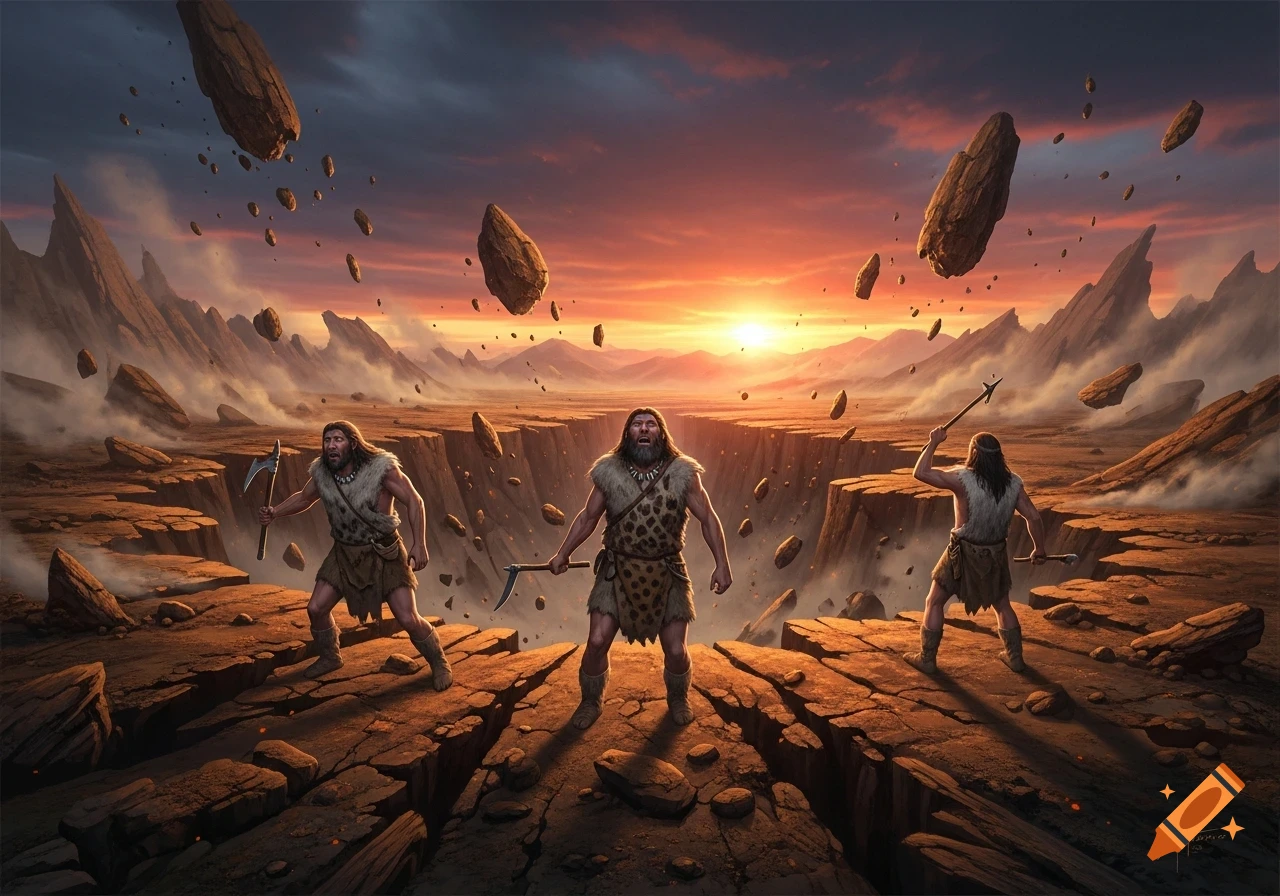 Three prehistoric men stand on cracking earth before a vast chasm with floating rocks and a dramatic sunset, digital painting.