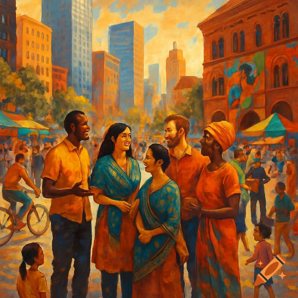 Diverse people in a bustling, painterly city street with market stalls and tall buildings.
