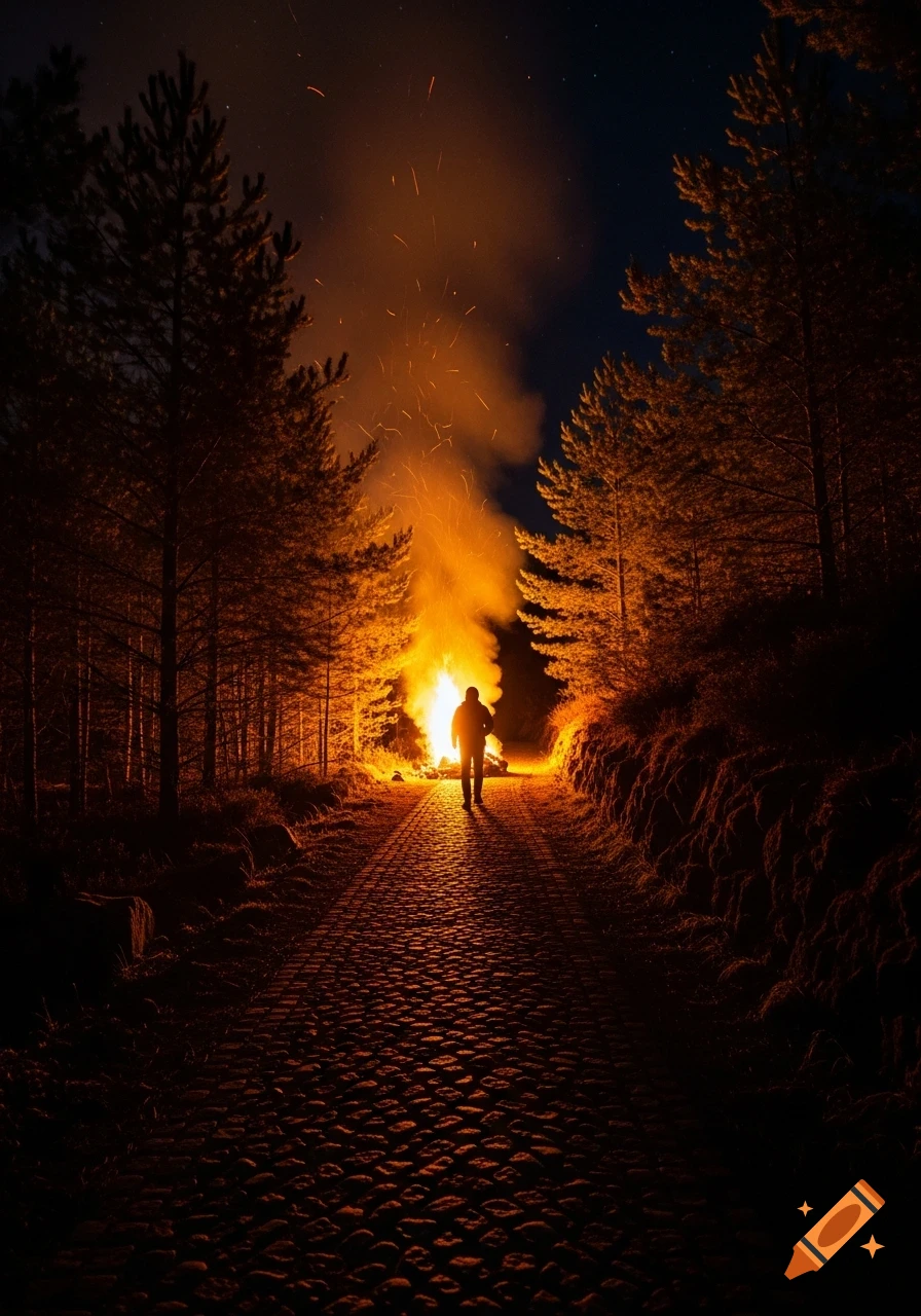 A lone figure walks down a cobblestone path towards a huge, glowing bonfire in a dark forest at night.