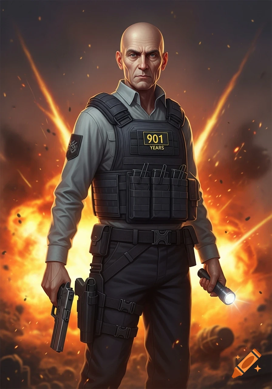 A bald man in a tactical vest holding a gun and flashlight stands before a fiery explosion, in a photorealistic style.