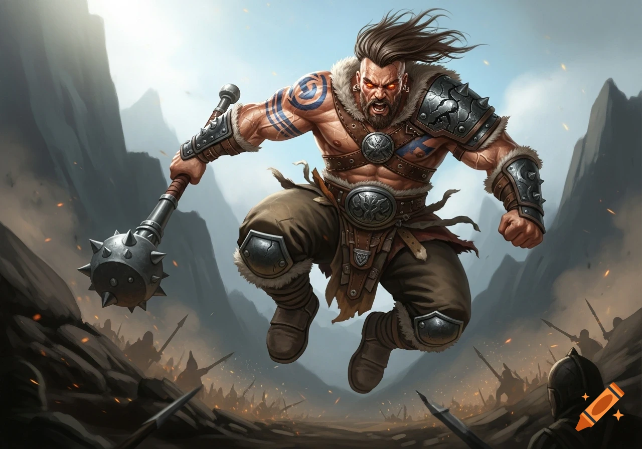 Muscular barbarian with tribal tattoos leaps, wielding a spiked mace in a fantasy battle scene.