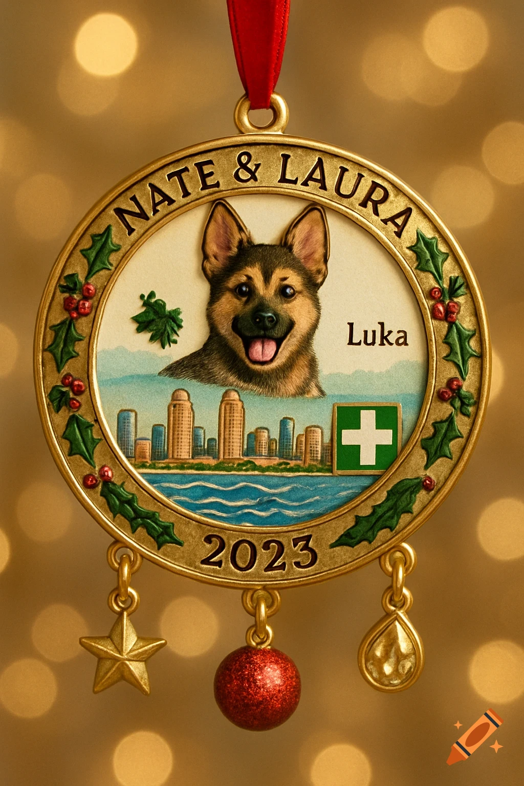 A gold Christmas ornament with a red ribbon features a smiling German Shepherd puppy above a city skyline, with "NATE & LAURA" and "Luka" inscribed, and the year "2023".