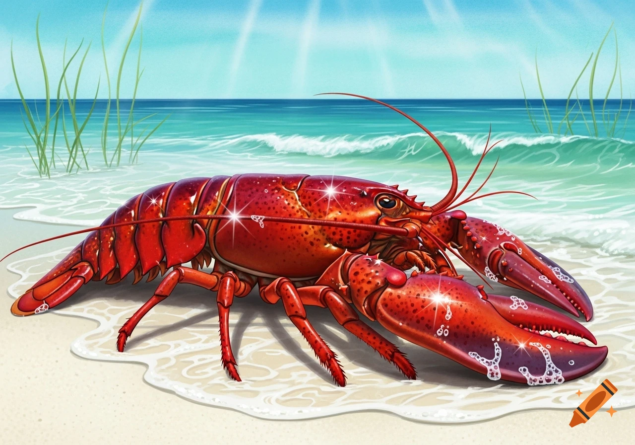 A vibrant red lobster sits on a sandy beach with ocean waves and green grass in the background, in an illustrative style.