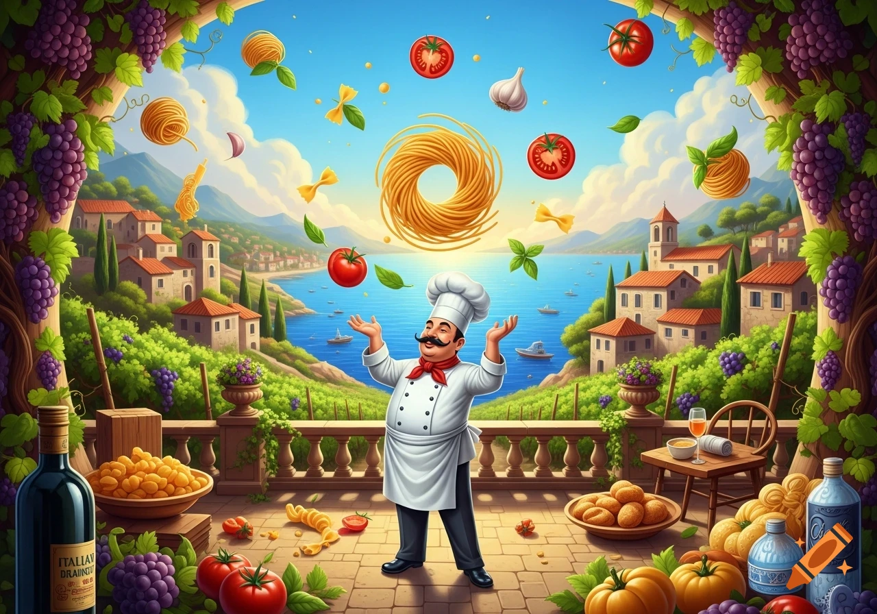 A cheerful cartoon chef in a white uniform and hat juggles pasta, tomatoes, and basil leaves in an vibrant Italian coastal village scene with grapevines and food items.