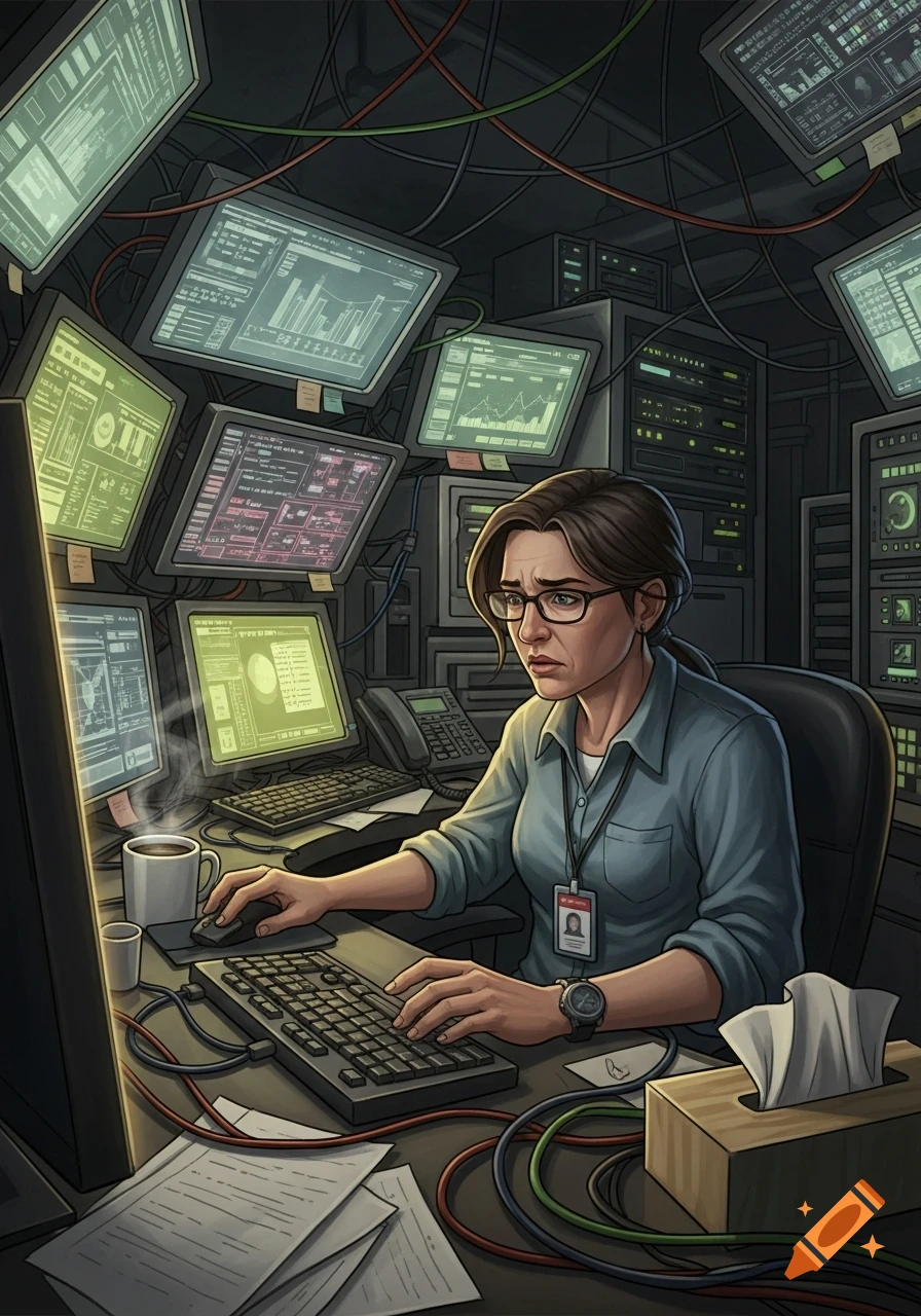 A stressed woman with glasses works at a computer, surrounded by multiple monitors displaying data and server racks in an IT environment. Digital art style.