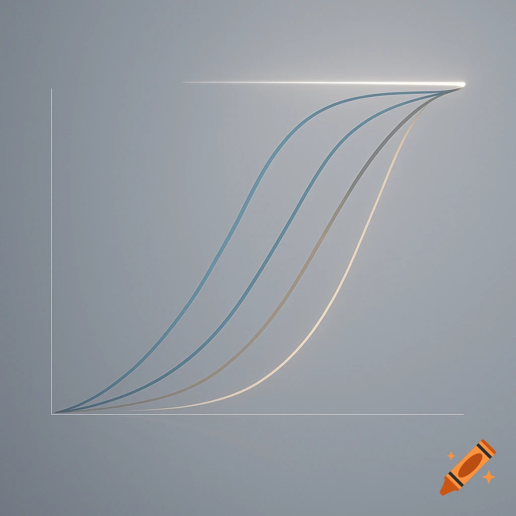 A clean, simplified illustration of a line chart with three converging curved lines reaching a horizontal plateau.