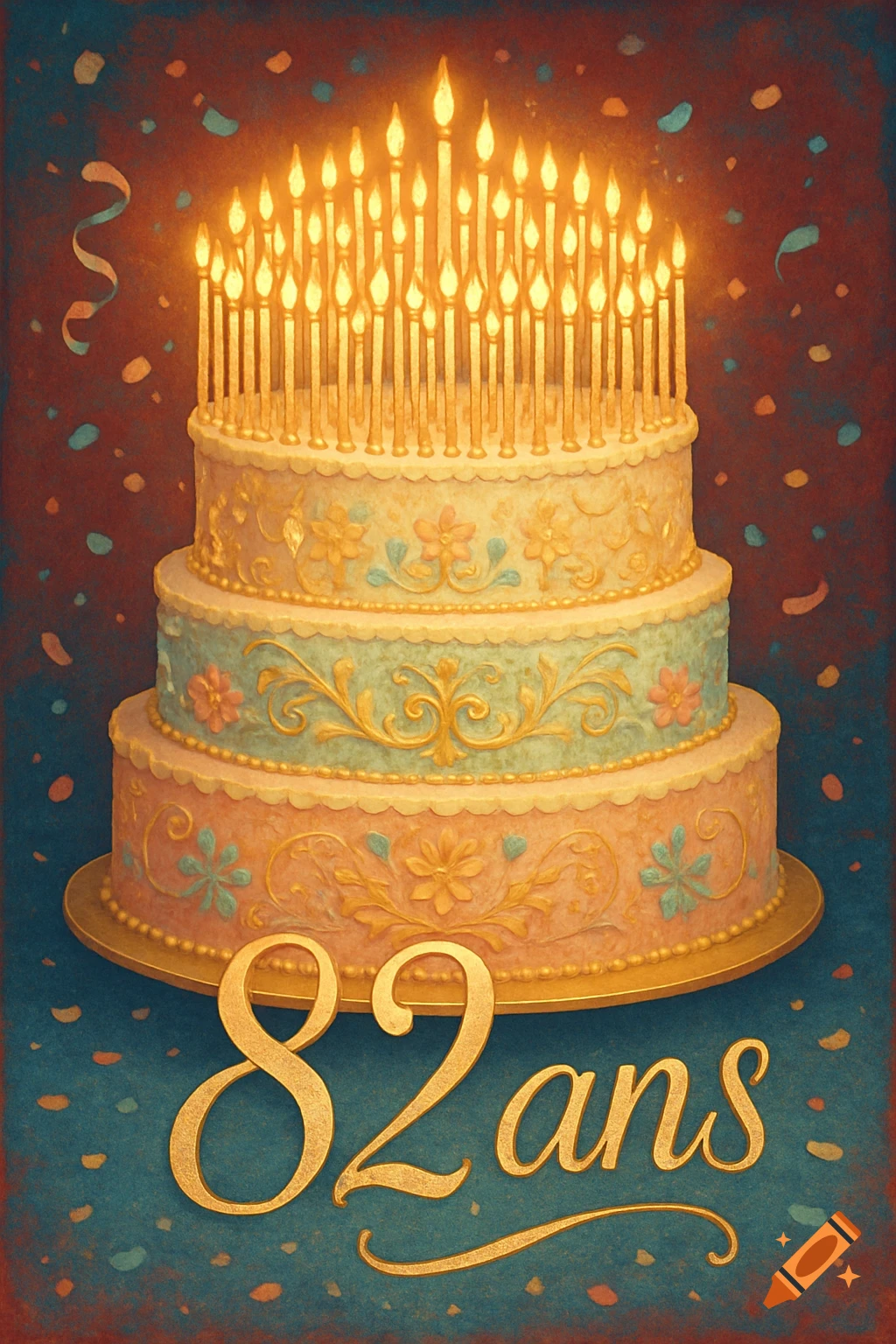 A three-tier birthday cake with many lit candles, decorative icing, and "82 ans" in gold at the bottom.