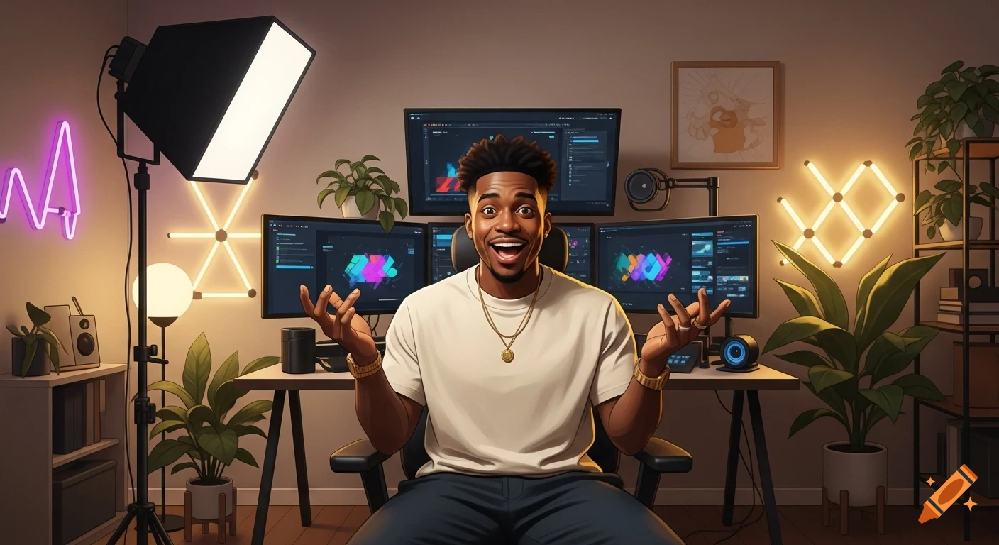 A smiling Black man in a modern studio with multiple monitors and neon lights, gesturing excitedly.