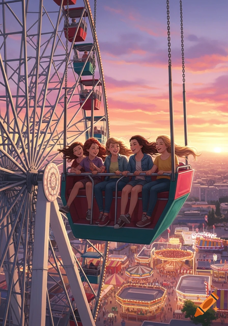 Five smiling women ride a Ferris wheel high over a colorful carnival at sunset, digital illustration.