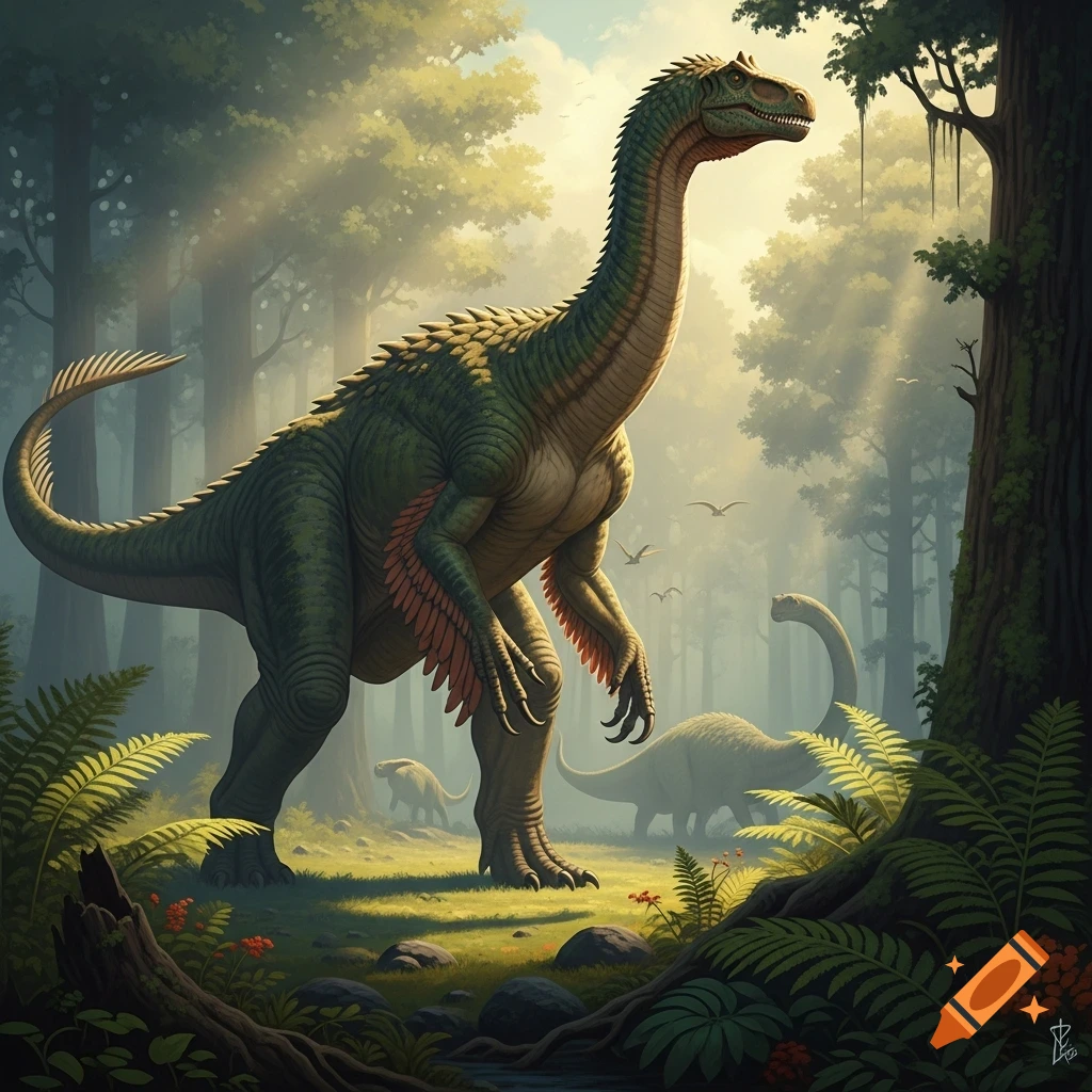 A large, green, long-necked dinosaur stands in a sunlit prehistoric forest, with other dinosaurs and birds in the misty background.
