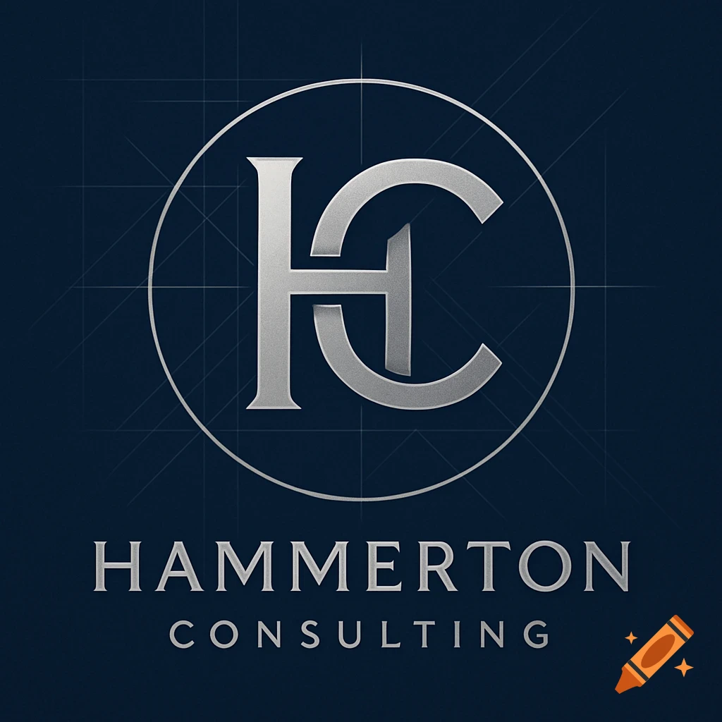 Silver intertwined 'HC' initials inside a circle, above 'HAMMERTON CONSULTING' text, on a dark blue background with a subtle grid pattern.