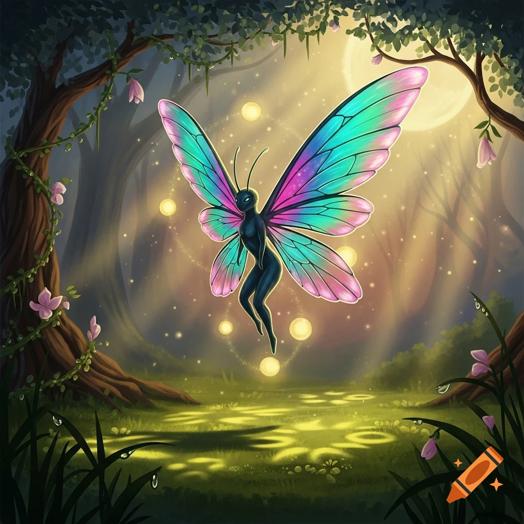 A glowing butterfly fairy with iridescent blue, pink, and purple wings floats in a magical forest at night with luminous elements and sunbeams.